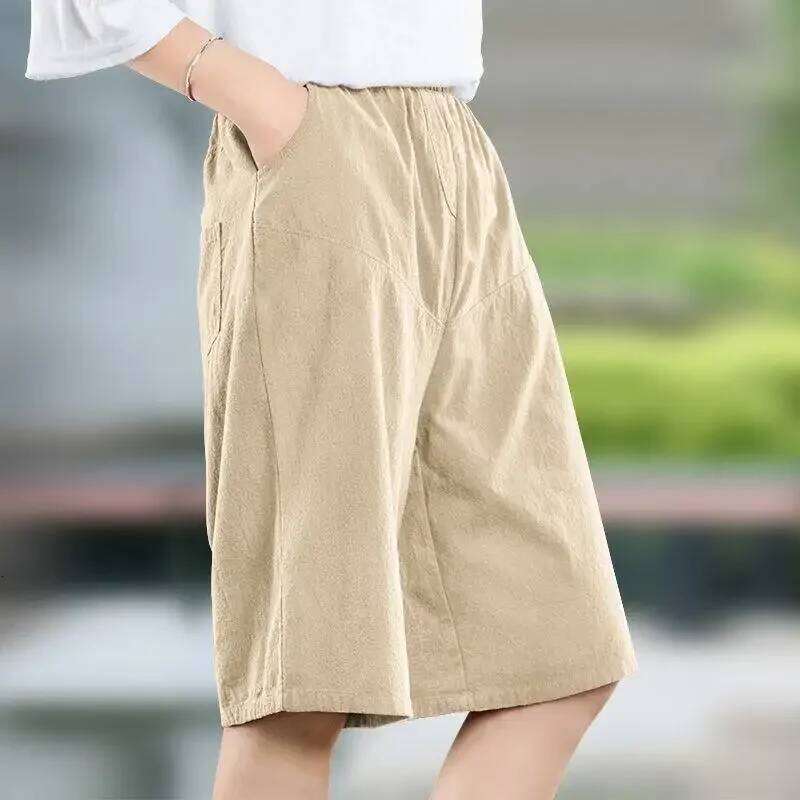 High Waist Cotton Linen Women's Shorts Summer New Loose Wide Leg Pants Casual Trendy Straight Cut Mid Length Trousers XJ260206