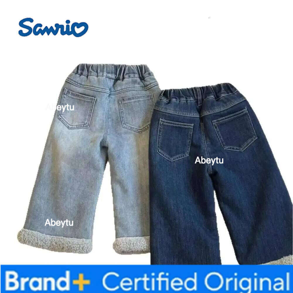 Sanrio Hello Kittys Girls Jeans Velvet Sweet Autumn Winter New Kawaii Cartoon Thicken Cotton Fashion Leisure Trousers H260206