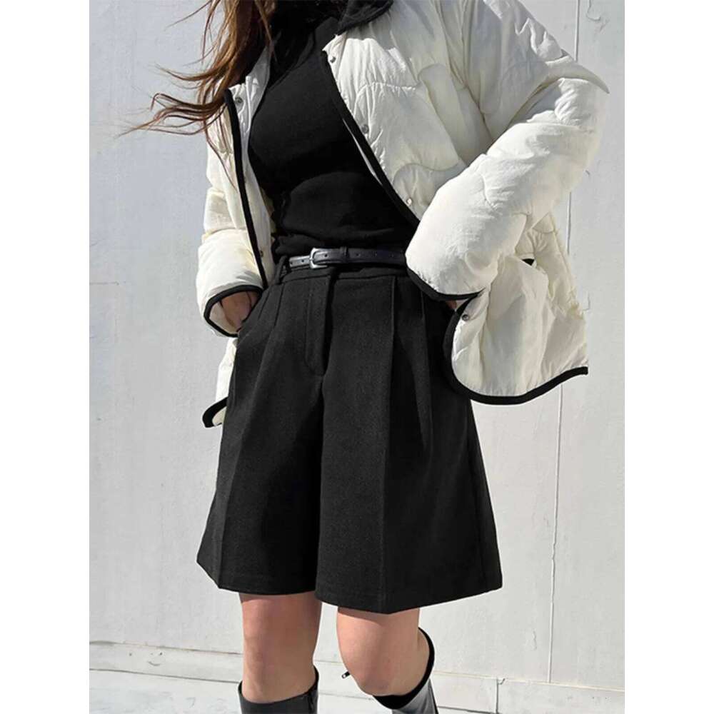 Chic Women Thicken Warm Loose Pockets Faux Woolen Straight 2024 Autumn Winter High Waist Ladies Wide Leg Shorts WH2 XJ260206