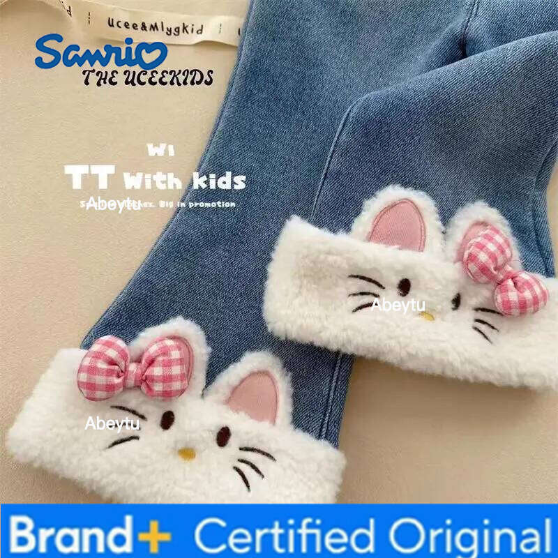 Sanrio Girls Thick Winter 2026 Children Warm Velvet Jeans For Baby Girl Clothing Kids Long Trousers Cute Leggings Costume Pants 7 H260206