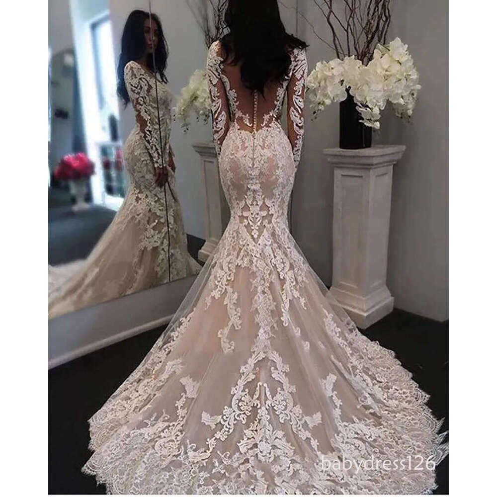 New Illusion Long Sleeves Lace Mermaid Dresses Tulle Applique Court princess Wedding Bridal Gowns With Buttons J07