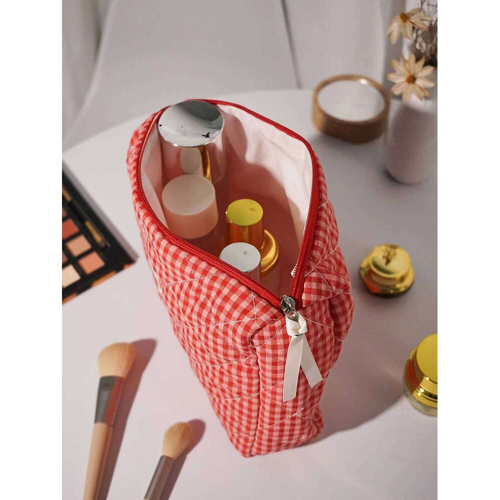 Large Capacity Cotton Makeup Women Checkered Brushes Storage Sweet Cute Travel Toiletry Bag Casual Ladies Soft Organizer Y260206