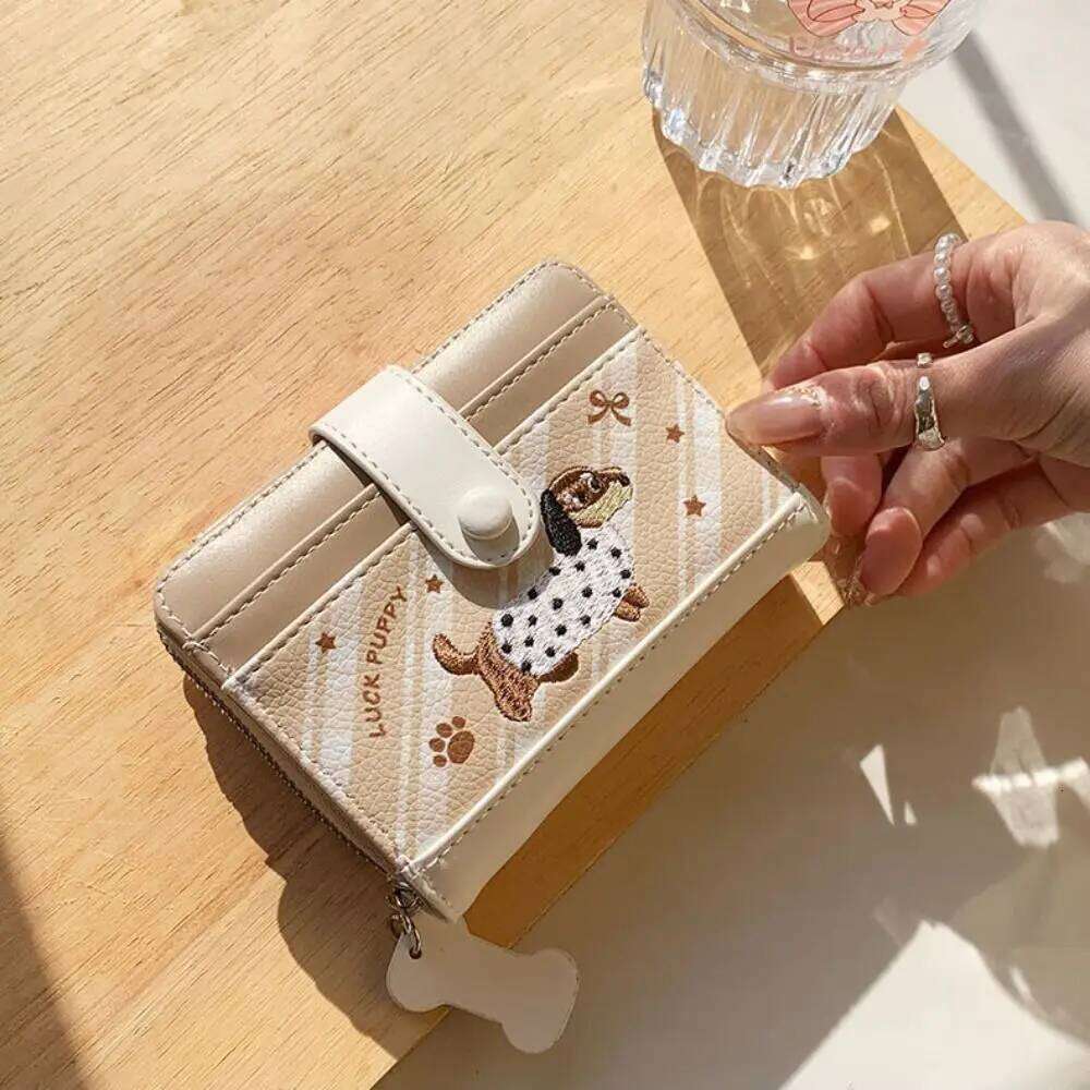 Portable Embroidery Dachshund Wallet Cute Multiple Sausage Dog Patterned Card Bag PU Leather Fashion Short Purse Daily Y260206