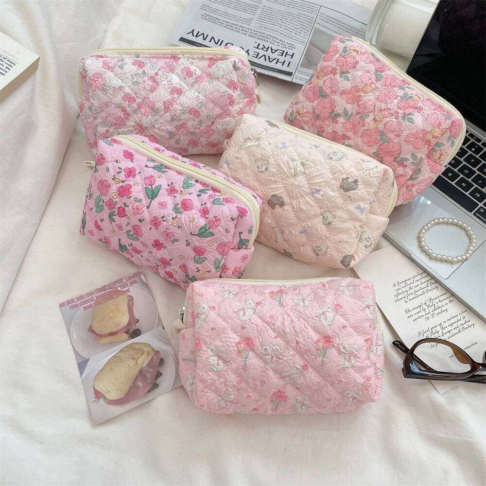 Pink Flower Women Makeup Bag Travel Organizer Coins Handbag Pouch Girls Cute Cartoon Square Zipper Cosmetic Bags Y260206