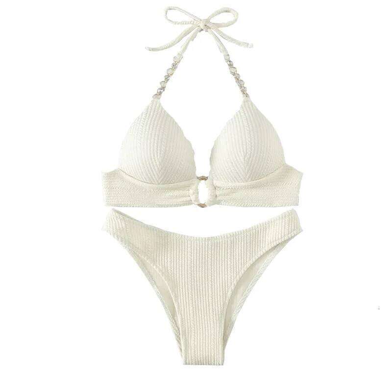 New Sexy Split Solid Color Bikini Striped Pearl Neck Swimsuit Z260206