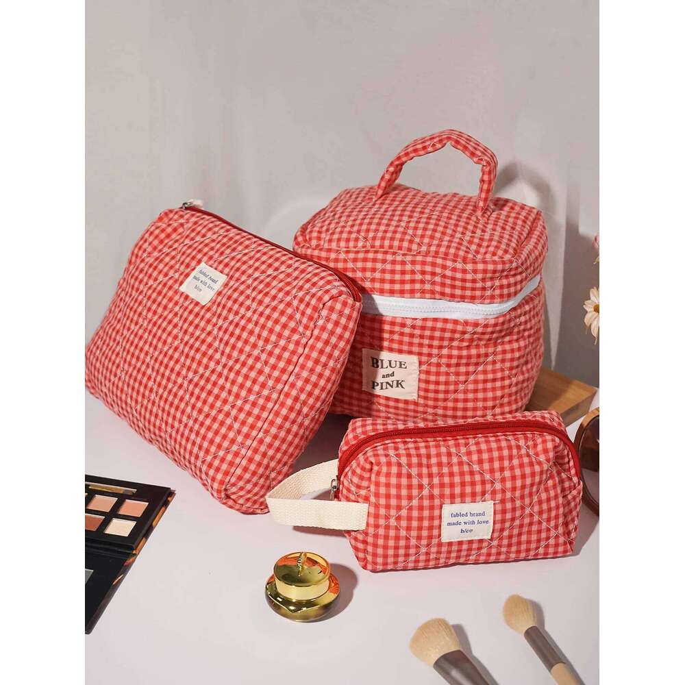Large Capacity Cotton Makeup Women Checkered Brushes Storage Sweet Cute Travel Toiletry Bag Casual Ladies Soft Organizer Y260206