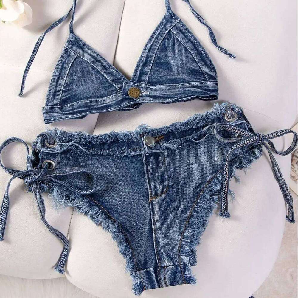 DEKA Brazilian Denim Bathing Suit Women Suits Bikini Set Lace Up Drawstring Beachwear Solid Summer Vintage Two-pieces Swimwear XJ260206