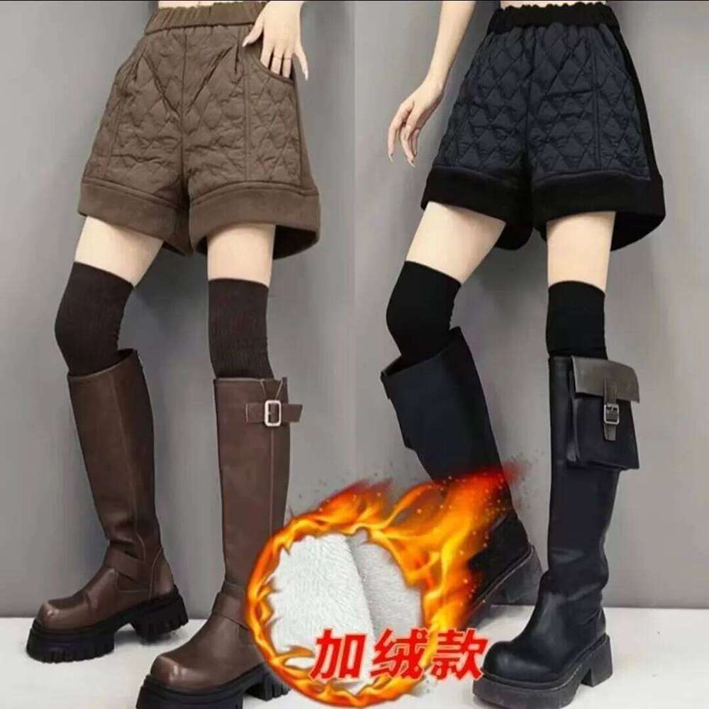 Women's High Waist Wide Leg Pants Cotton Padded Fleece Warm Shorts Casual Ladies Boots Black, Autumn, Winter, New 2026 XJ260206