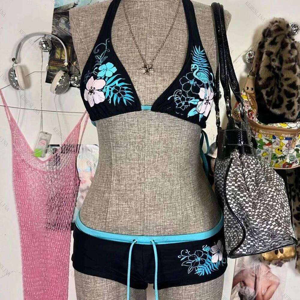 Y2k Vintage Flower print Cutie 2 set Bikini Swimsuit Sexy Women Bathing Fashion Halter Strap Swimwear High Street Beach Female Z260206