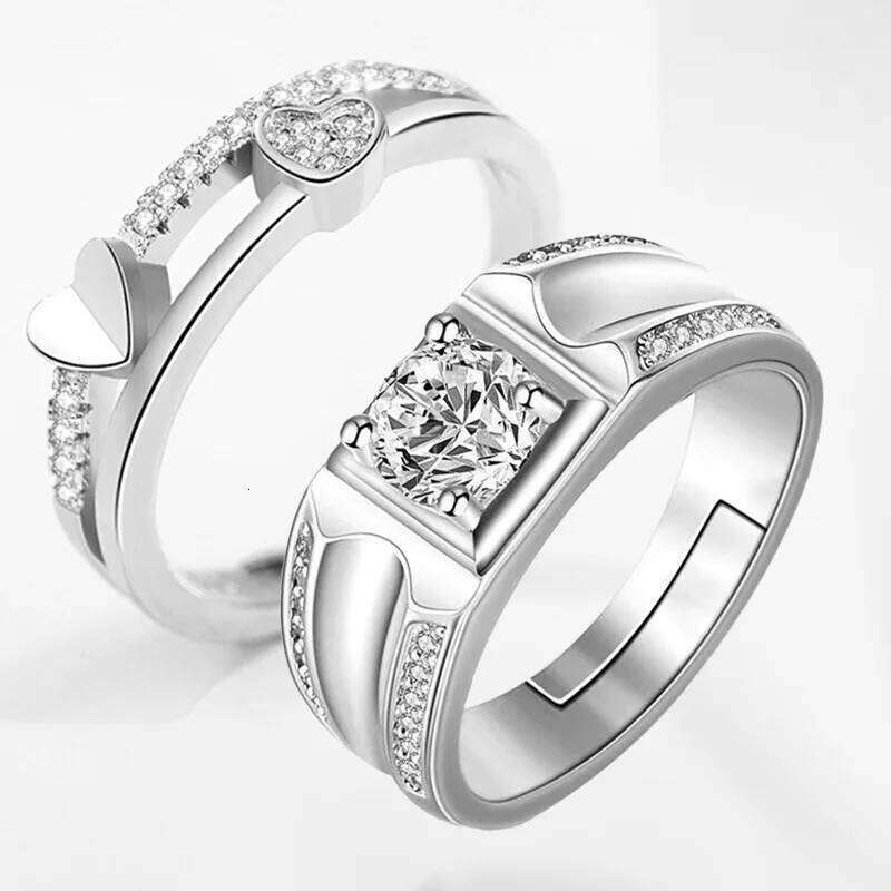 Simple Crystal Heart Couple Set Fashion Pair Opening Stainless Steel Wedding Rings Luxury Jewelry Gift Wholesale W260206