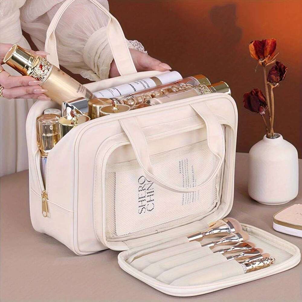 Double-Layer PU Beauty Storage With Zipper Close Makeup Brush Business Travel Toiletries Sorting Bag Y260206