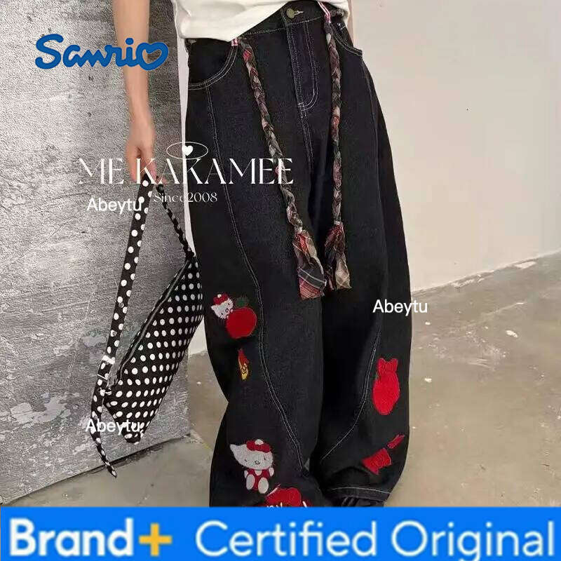 Sanrio Hello Kitty Spring Autumn Girl Jeans Cartoon Embroidery Fashion Wide-Leg Mid-Rise Retro Loose Flared Pants Birthday Gift H260206