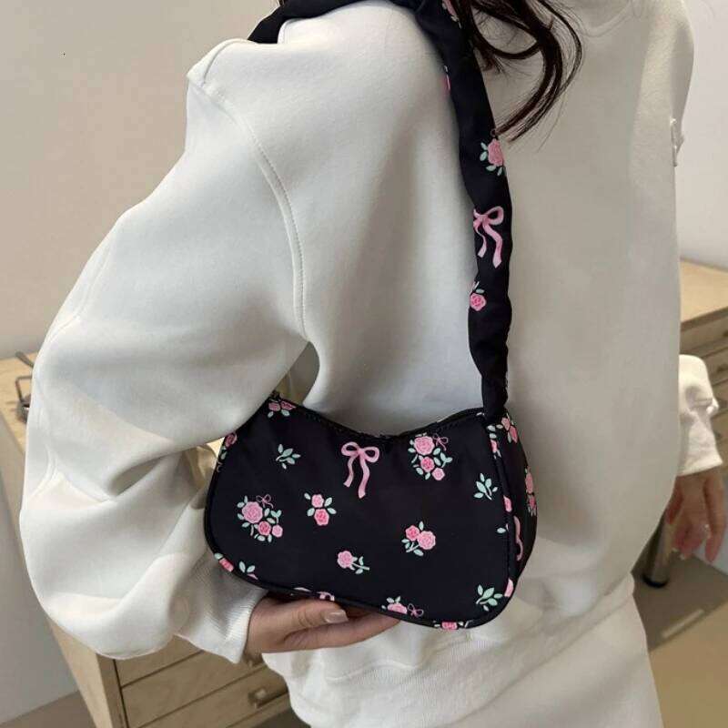 Women's Bags 2026 Summer Canvas Pleated Handbags Armpit Korean Floral Bow Printed Zipper Tote Female Small Shoulder Bag Y260205