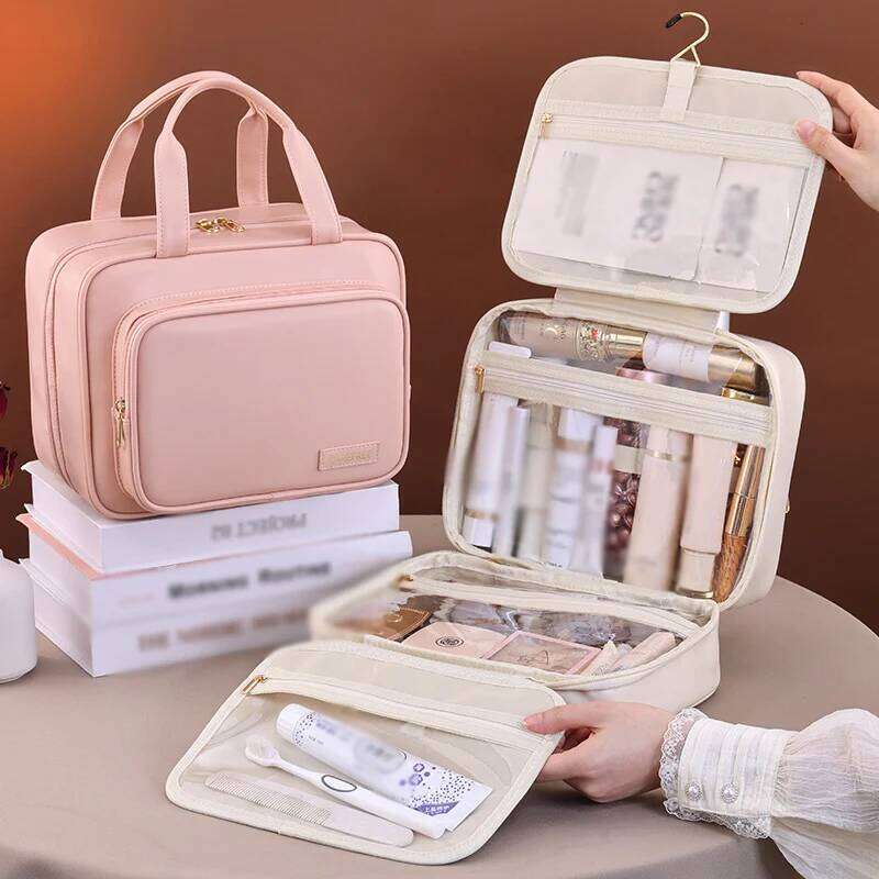 New PU Leather Hanging Cosmetic Bag For Women Portable Makeup Organizer Large Capacity Travel Toiletry Storage Bags Y260206