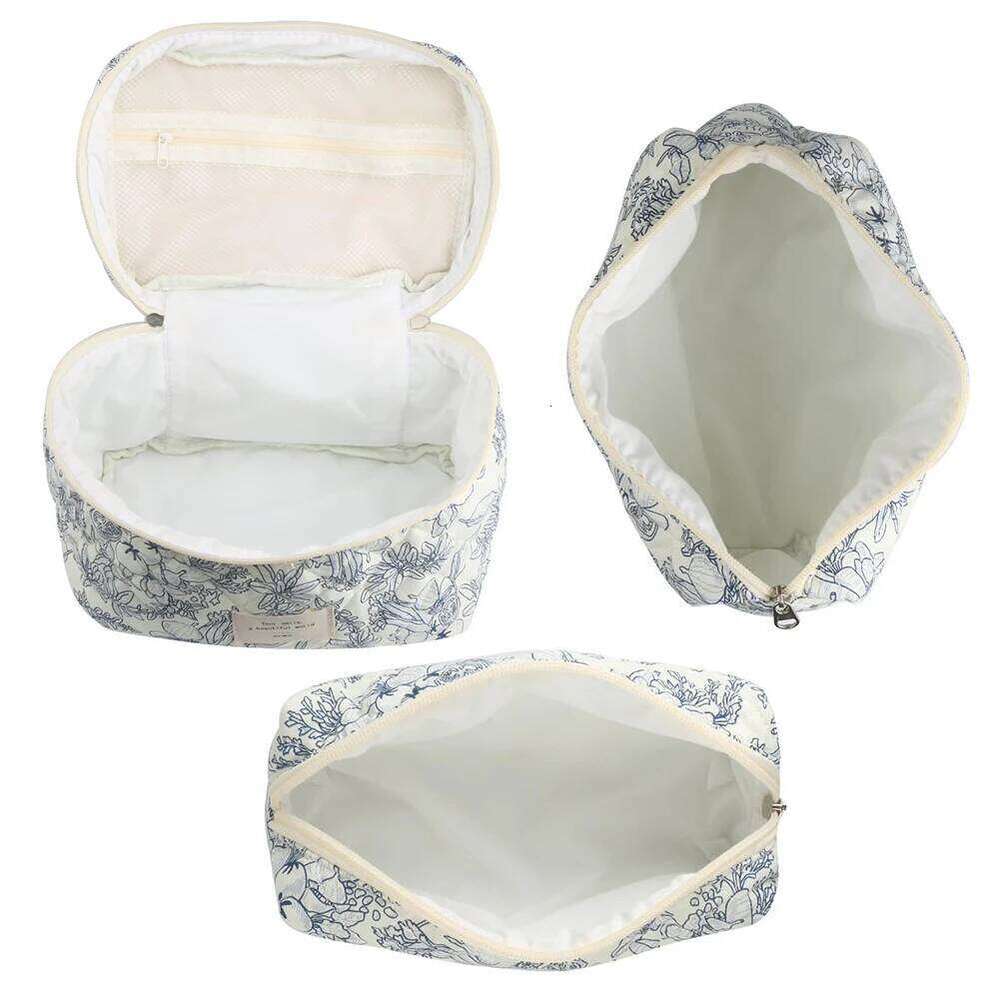 3Pcs Floral Travel Makeup Pouch Cotton Quilted Cosmetic Organizer Case Large Capacity Skincare Bag with Zipper for Women Girls Y260206