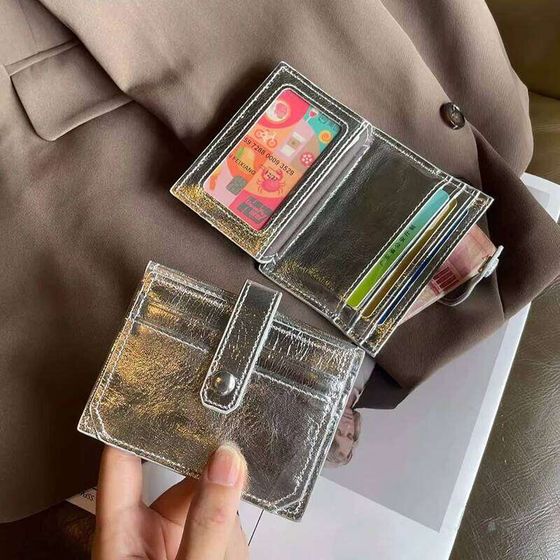 Credit ID Clip Handbag Clutch Bag Genuine Leather Short Wallet Korean Fashion Silver Cowhide Small Coin Purses Card Holder Y260206