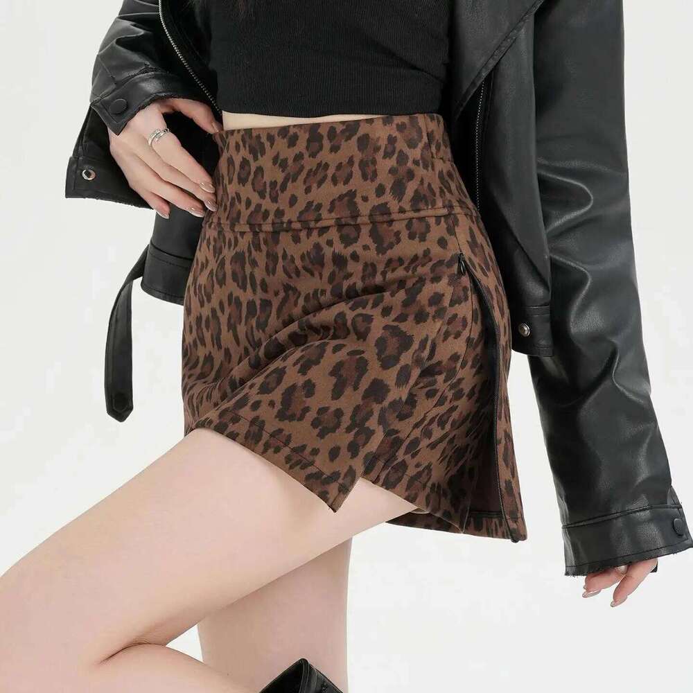 Retro Leopard Print Skirt High Waist Slim Fit A-Line Split Women's Autumn Winter New Sle Sexy Girl Anti-Light A-Word S... XJ260206