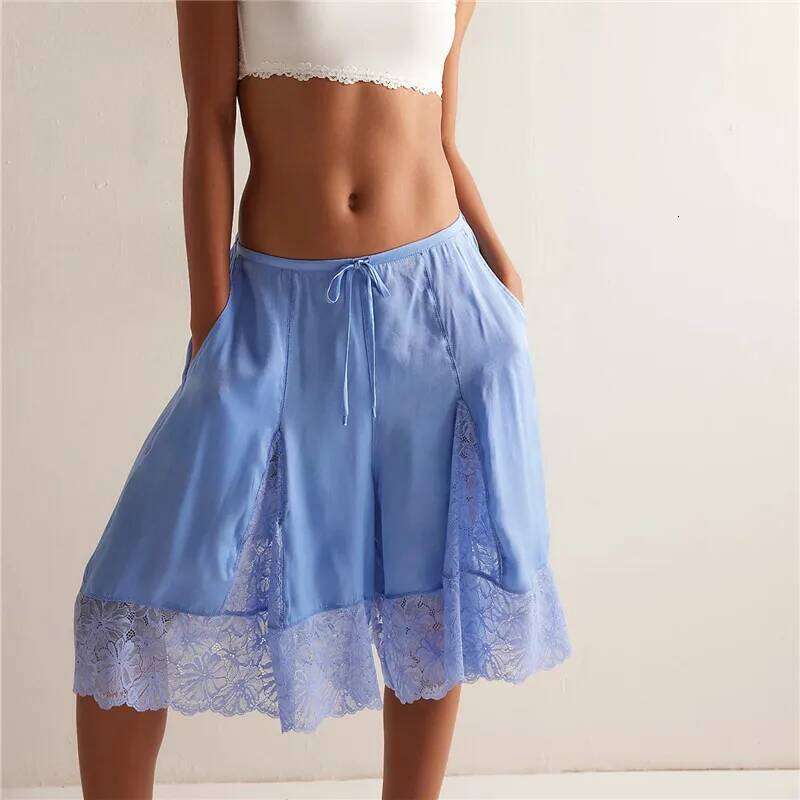 Women Lace Trim Shorts Y2k Satin Low Rise Half Slip Pajamas Cute Bow Coquette Pettipants Bloomers Patchwork Lounge Midi Pants XJ260206