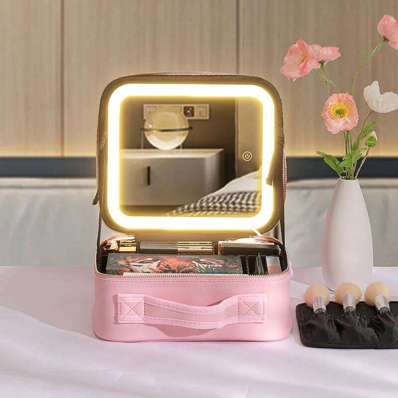 3 Color Train Mirror, White Portable Makeup Waterproof Organizer with Adjustable Dividers, Cosmetics Storage Case Gift Y260206