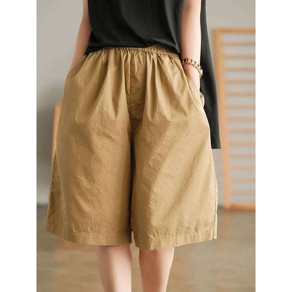 Cotton Casual Retro Elastic Waist Loose Straight White Fashion Simple Versatile Women's Shorts for Summer XJ260206