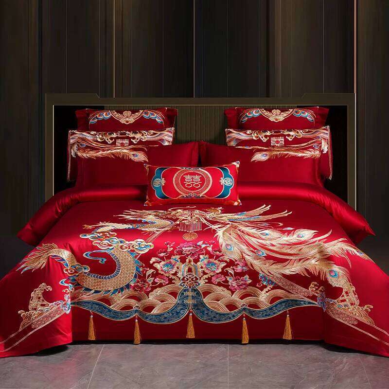 6Pcs Luxury Chinese Dragon Phoenix Embroidery With Tassel Wedding Bedding Set 100% Cotton Duvet Cover Bed Sheet Pillowcases XJ251225