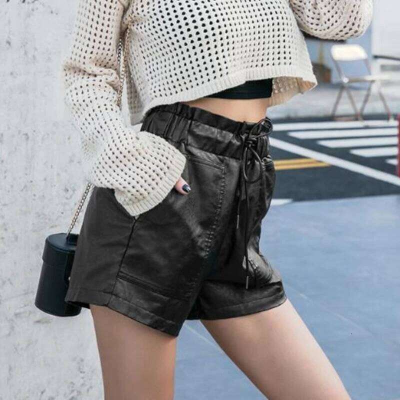 Shorts Women Ulzzang Chic Elastic Waist Pockets Loose Simple Pure Black Trendy Ins PU Leather Fall Casual 3XL Female All-match XJ260206