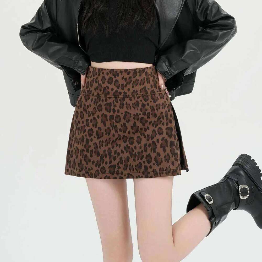Retro Leopard Print Skirt High Waist Slim Fit A-Line Split Women's Autumn Winter New Sle Sexy Girl Anti-Light A-Word S... XJ260206