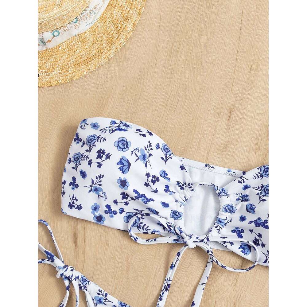 Cross-border printed bikini bandeau split swimsuit set XJ260206