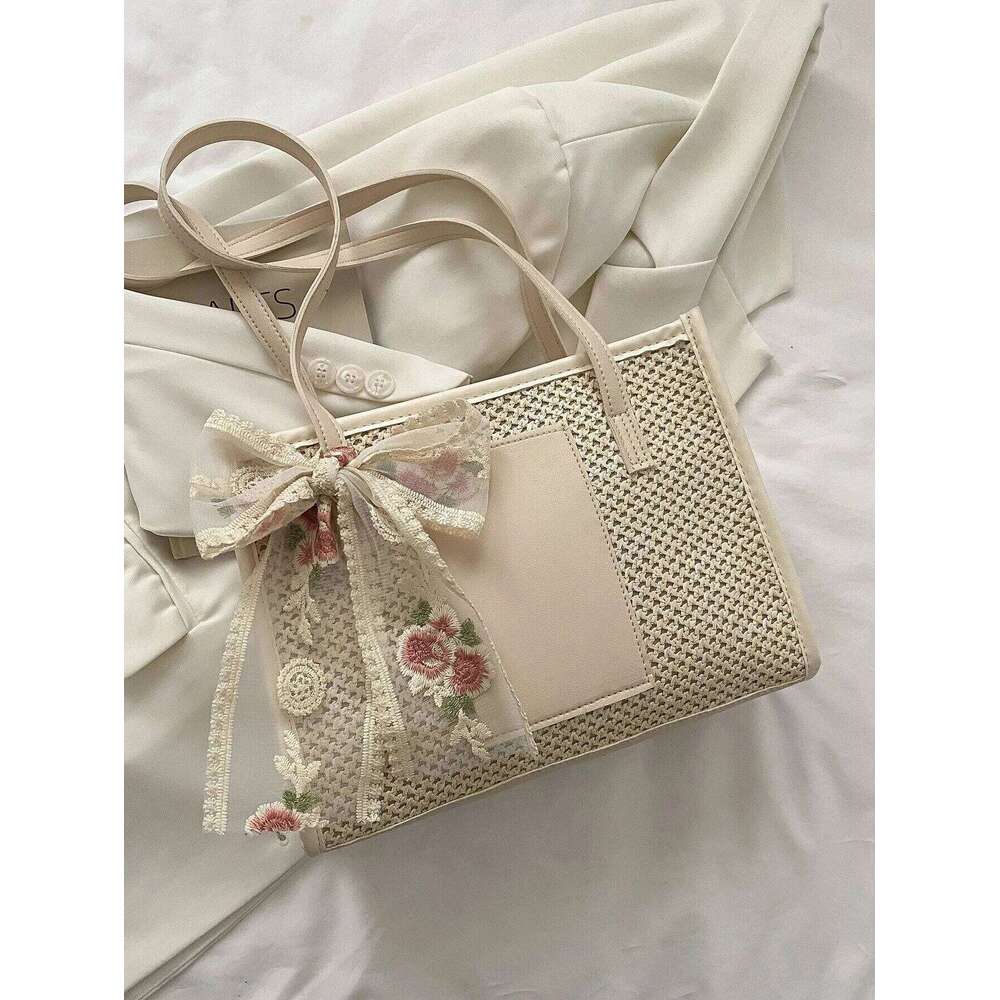 Trendy Lightweight Casual Bow Decor Straw Hollow Out Knitted Flower Tote Large Capacity Shoulder Bag For Teen Girl Women Y260205