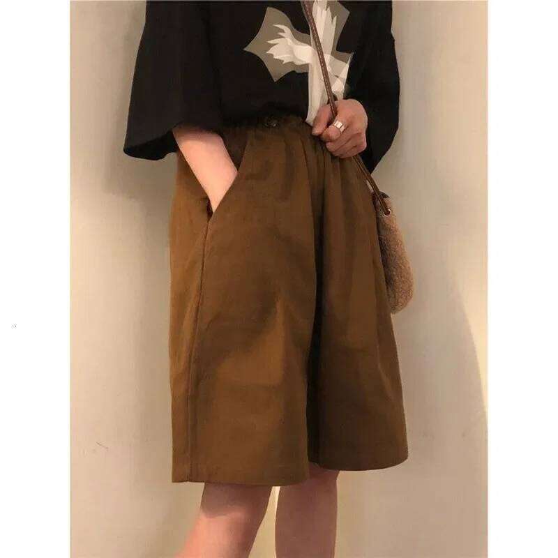 Retro Brown Workwear Pants Casual Suit Shorts Women Summer Thin Loose Wide Leg Five-Quarter Over-Knee Straight Mid-Pants XJ260206