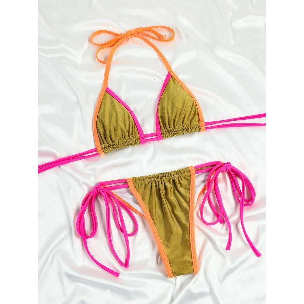 Triangle Bikinis Thong Swimwear for Women Sexy Swimsuit Bordered Bandage Beachwear Bathing Suit Solid Micro Bikini Female XJ260206
