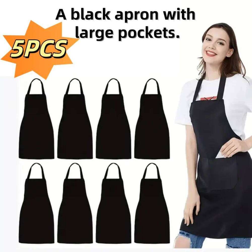 5Pcs Black Aprons with Large Pockets, Durable Polyester Fabric, Waterproof and Stain Resistant, Unisex Bbq Suitable for Home, Work, Restaurant Waiters