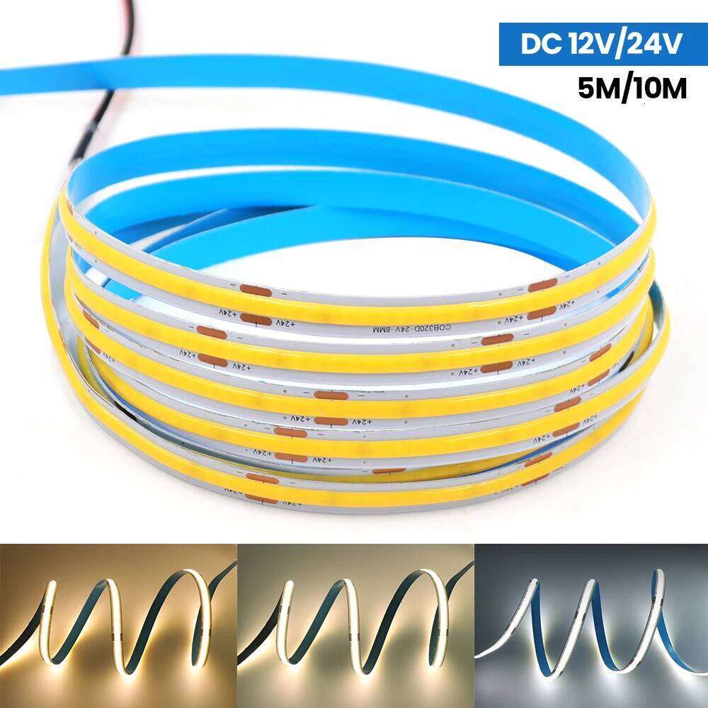 12V 24V COB Strip Light 8MM 320Leds/M High Density Linear Lighting 5M 10M Flexible Ribbon Rope LED Tape for Room Decoration Z260206
