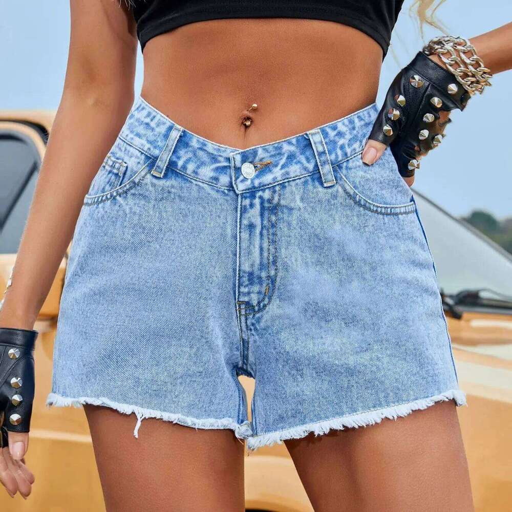 Women Stretch Lace-up Elastic Waist Summer High-Waist Trend All Match Denim Shorts Mini Tight Straight Jeans C260206