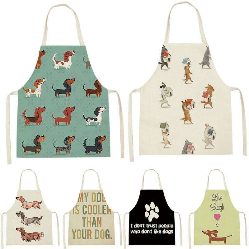 Cartoon Paw Patrolling Cotton Dog Painted Bulldog Dachshund Kitchen Apron Housewife Aprons Cooking Household S260205 cab