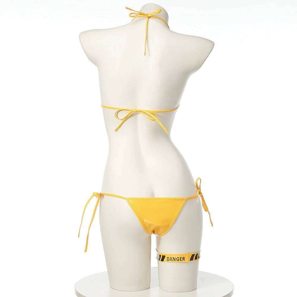 Punk Bikini Sexy Leather Bra Underwear Lingerie Danger Caution Print Swimsuit Low Waist Bikinis Sets Beach Swimwear Z260206