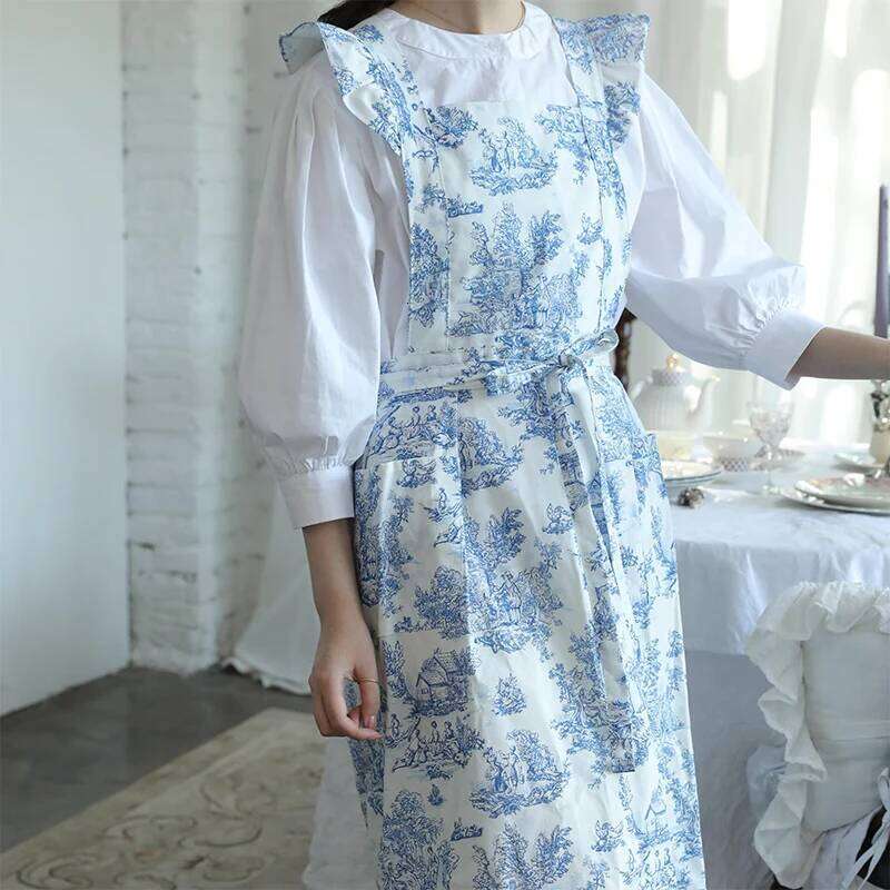 Long Print Water-resistant Cotton Ruffled Kitchen Apron with Pockets Women Cross-back Pinafore for Cooking Baking Gardening S260205