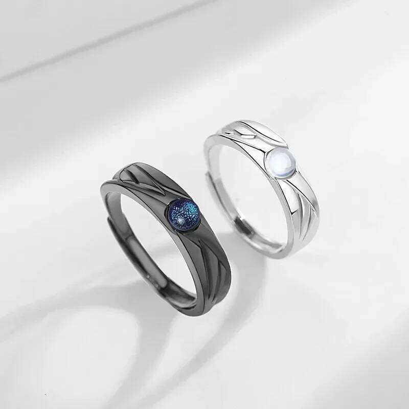 Creative Black White Couple Friendship Open Adjustable Rings Set Vintage Moon Stone Minimalist Engagement Wedding Ring W260206