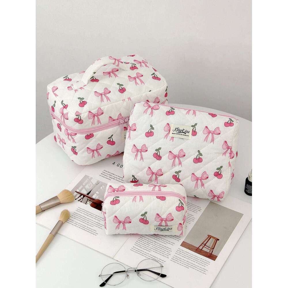 1pc/set Cherry Bow Quilted Multifunctional Handheld Makeup Bag, Portable Toiletry Bag Set with Zipper Y260206