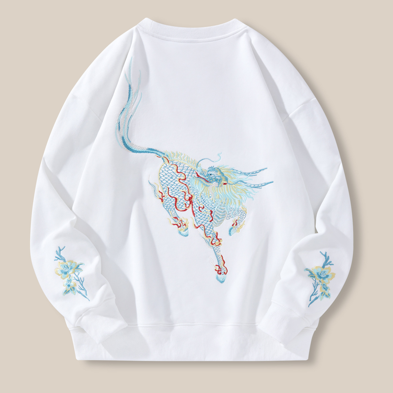 Free Shipping 2026 New Design Kirin Embroidery Hoodie Chinese Style Loose Trend Men Crewneck Top Black White