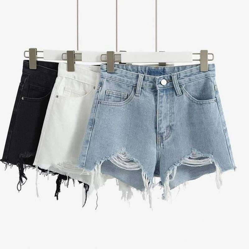 Women Korean Retro Y2k Shorts Pants Lady Vintage High Street Broken hole irregular brim wide leg shorts casual jeans for women C260206