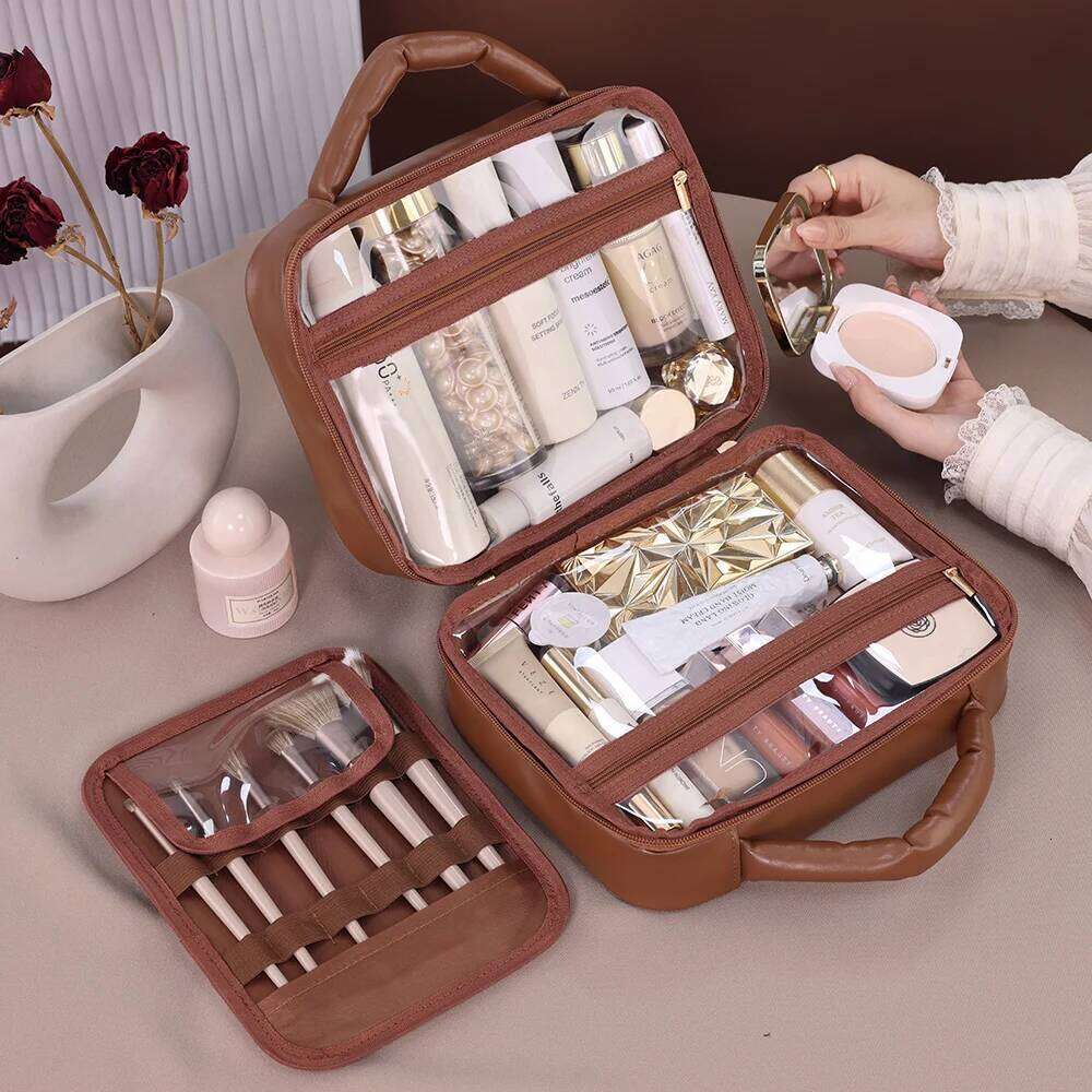 Large Capacity PU Grid Melody Women's Cosmetic Storage Box Portable Travel Makeup High-end Feel Multi-compartment Wash Bag Y260206