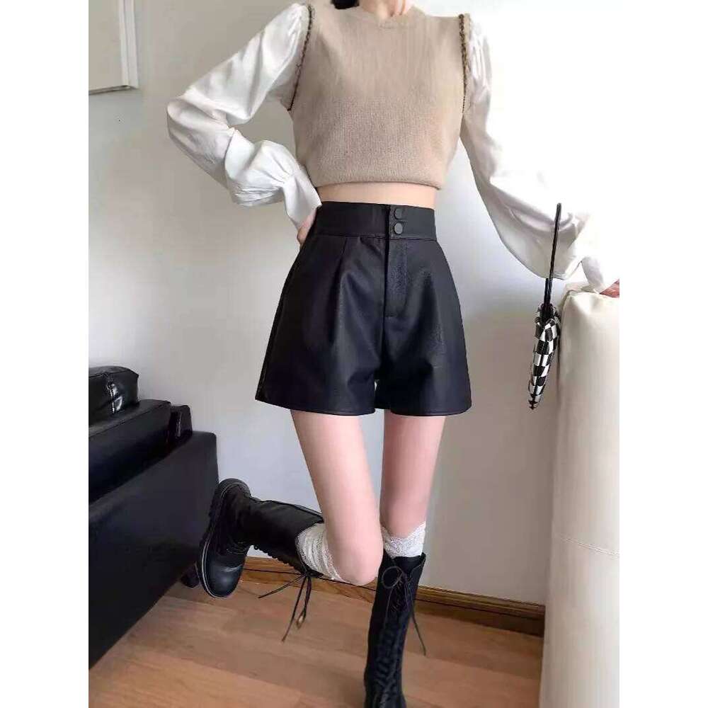 Black Leather Shorts Women's Autumn Outerwear High Waist Slimming Loose Wide Leg Pants Trendy Casual Comfortable XJ260206