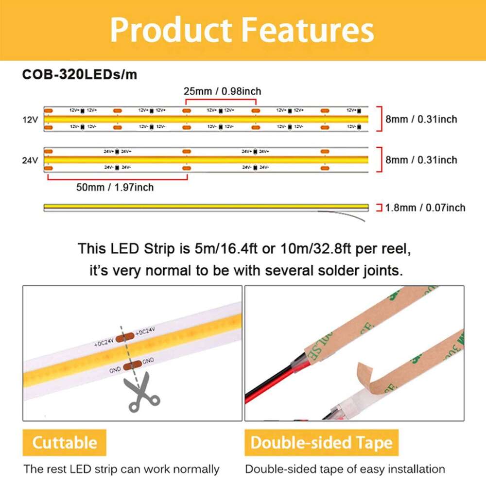 10m COB Strip Lights 320LEDs/m High Density Flexible LED Ribbon Tape 3000K 4000K 6500K Dimmable Linear Lighting DC12V 24V Z260206