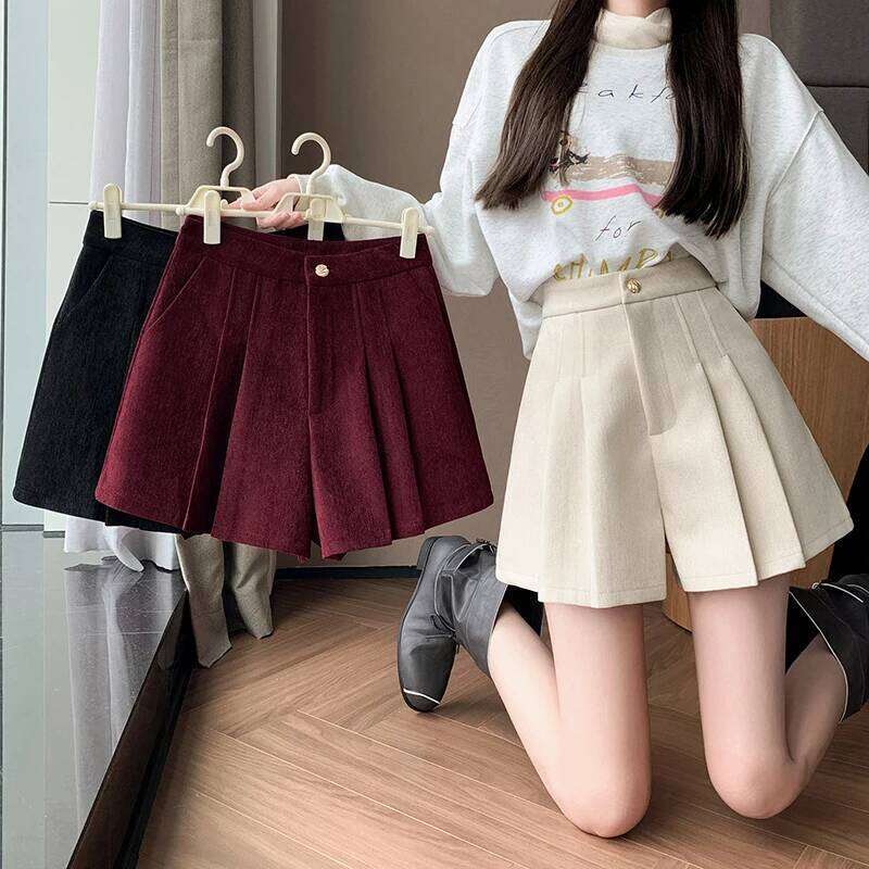Fashion Pleated Woolen Winter Woman High Waist Streetwear Booty Skirts Shorts Women A-Line Culottes Wide Leg Short Femme H260206