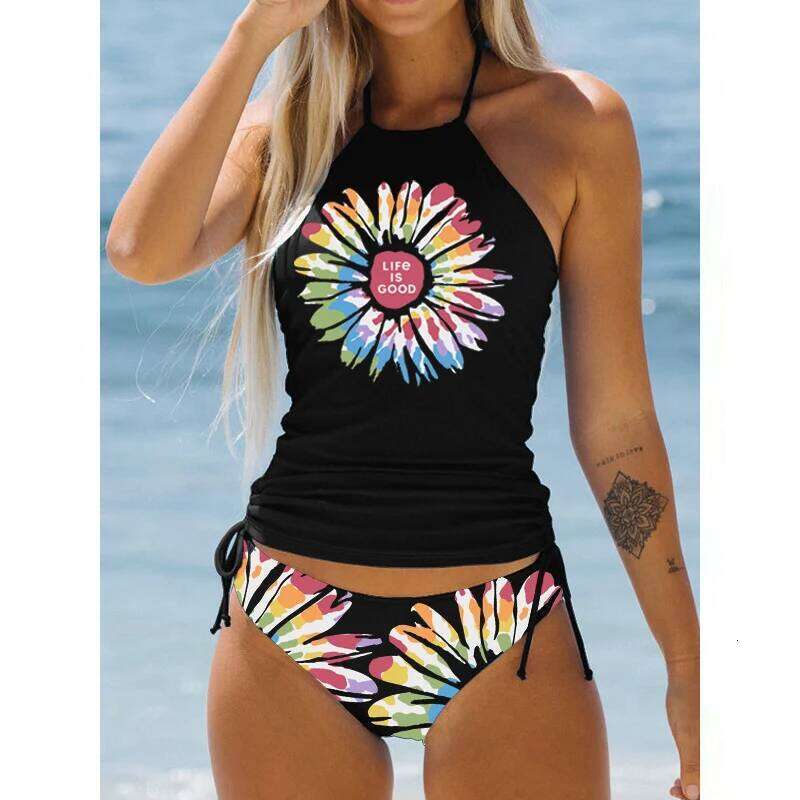 Women's Bathing Suit Coconut Drawstring Side Halter Neck Tankini Set Beach Wear Cute Swimwear Fashion Split Swimsuit 2025 New Z260206