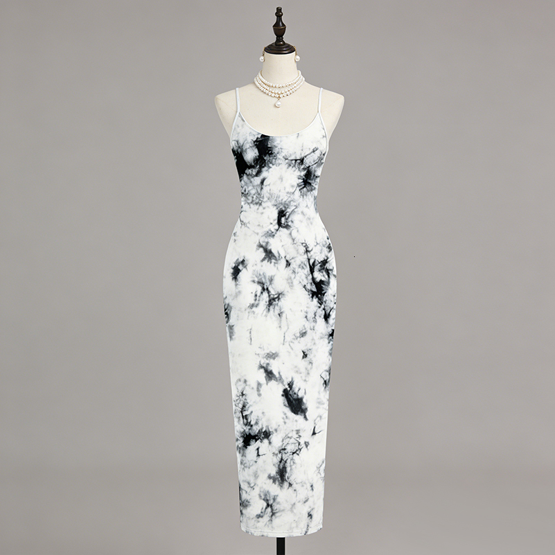 Women's Milk Silk Camisole Dress Ink Wash Print Slim Fit Bodycon Midi Dress for Daily Commute