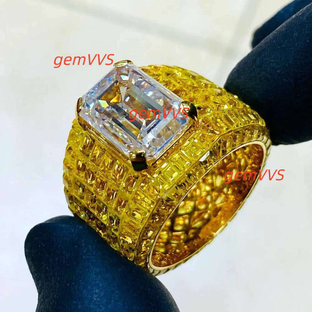 Custom Jewelz Men's Sterling Silver Gold Plated 12G Iced Out Emerald Cut Moissanite Hip Hop Ring With Prong Setting