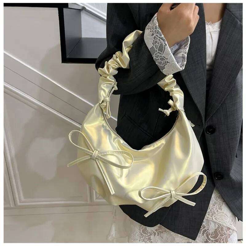 Niche Design Pleated Drawstring Strap Shoulder Glossy Bow Decor Cloud For Women Fashion Crossbody Trend Underarm Bag Y260205