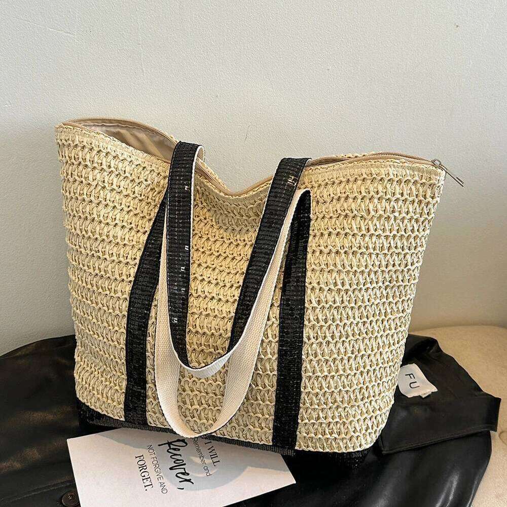 Women Straw Tote Handbag Large Capacity Sequins Weaving Travel Contrast Color Simple Shoulder Ladies Summer Daily Bag Y260205
